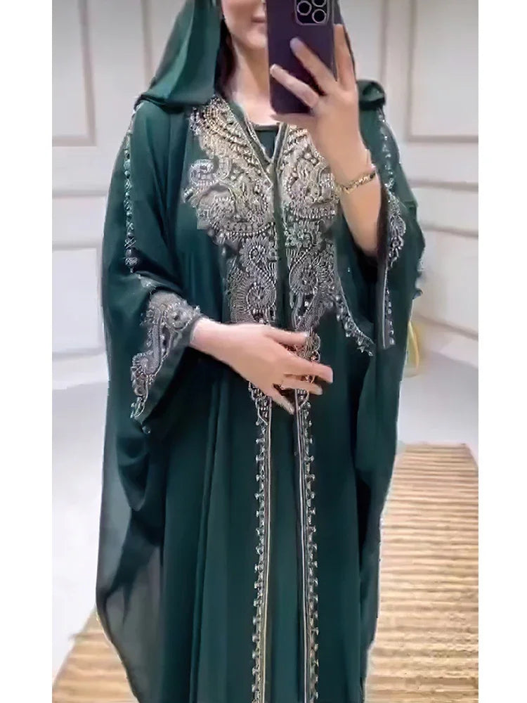 Muslimische Kleider für Frauen – Kapuzenabaya 2-teiliges Set – Diamant-Jalabija-Partykleid