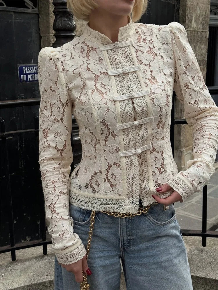 Elegant Printed Lace Hollow Out Commute Top– Women’s Vintage See-Through Summer Shirt