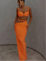 Sexy zweiteilige Urlaubskombination für Damen – plissiertes Crop-Cami-Top & geraffter Maxirock mit hoher Taille