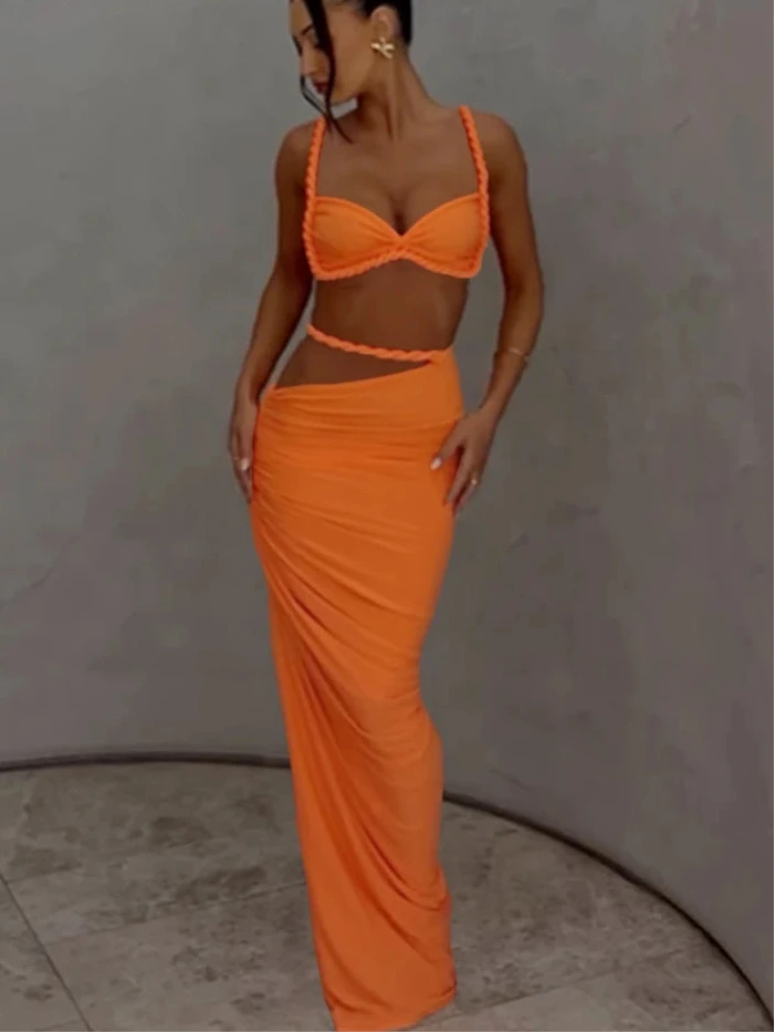 Sexy zweiteilige Urlaubskombination für Damen – plissiertes Crop-Cami-Top & geraffter Maxirock mit hoher Taille
