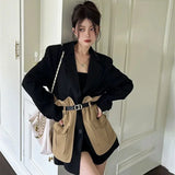 Koreanischer Blazer für Damen im lockeren Stil – einreihige Jacke mit aufgesetzten Taschen und abnehmbarem Gürtel