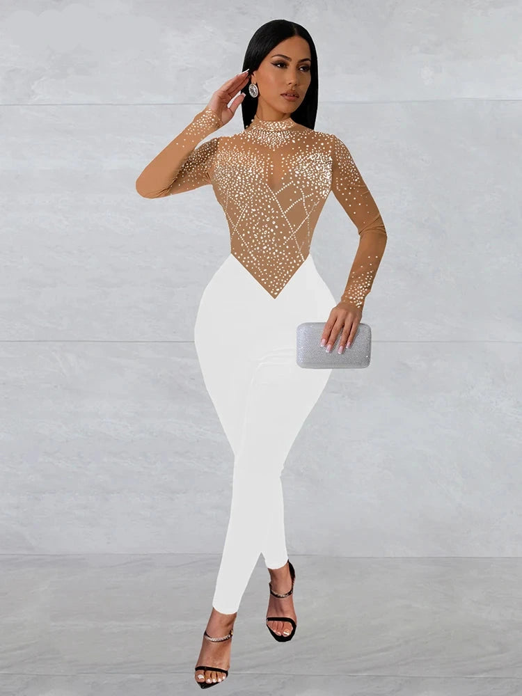 Sexy Black Mesh See-Through Jumpsuit – Sparkly Rhinestone Bodycon One Piece