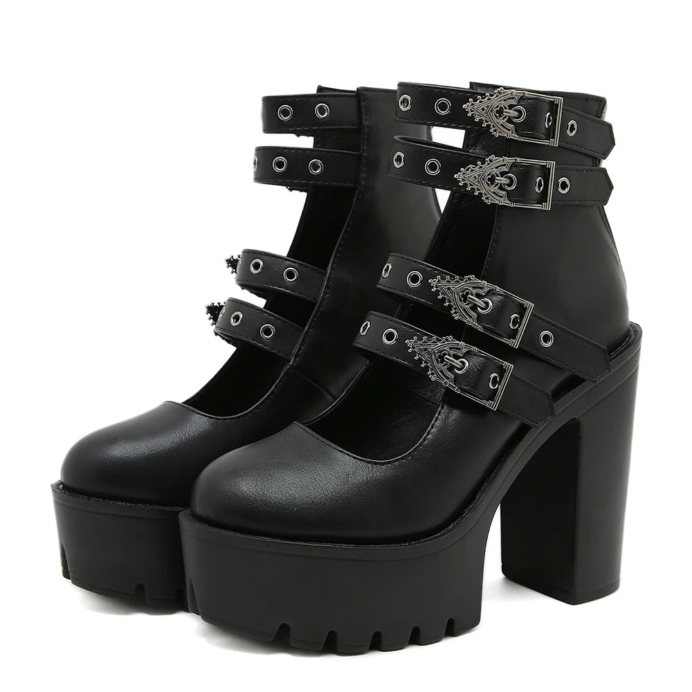 Women's Goth Platform Block Heels: Buckle Strap Mary Jane Pumps with Back Zipper