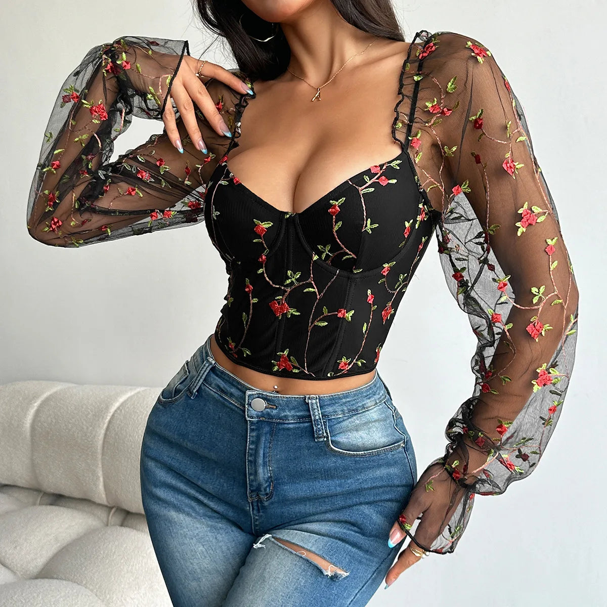 Women’s Sexy Mesh Long Sleeve Corset | Flower Embroidered Fishbone Bustier