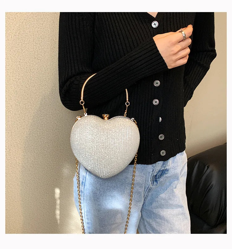 Luxury Heart-Shape Metal Evening Clutch | Shiny Fashion Chain Shoulder Bag