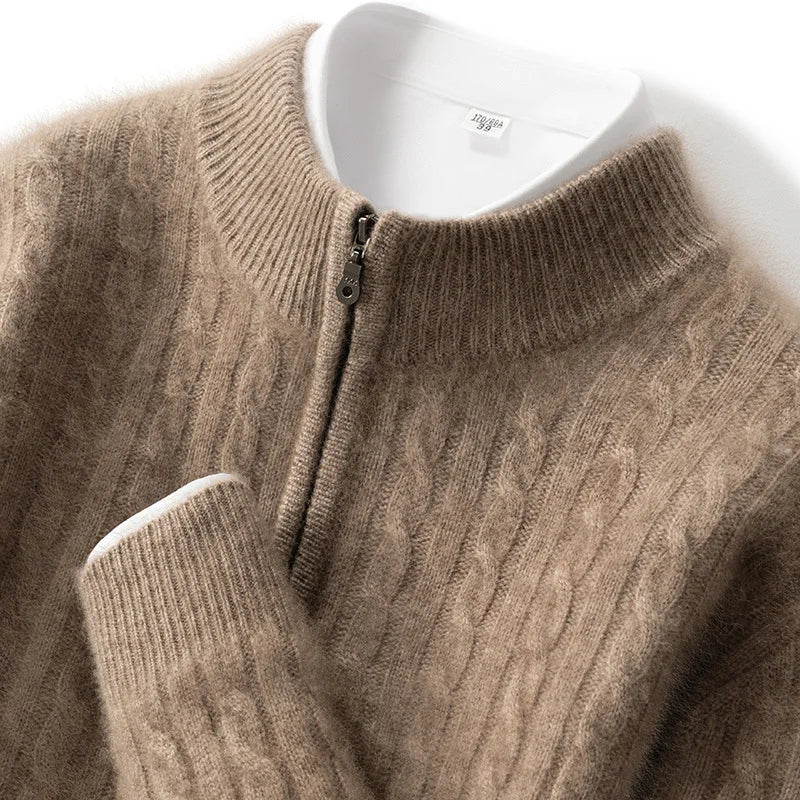 Men’s 100% Pure Cashmere Zipper Sweater – Thickened Warm High Collar Pullover