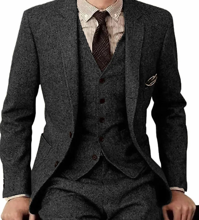 Herren 3-teiliger Tweed-Anzug – Slim Fit Business-Anzug, Gentleman Hochzeitsanzug Blazer, Weste & Hose