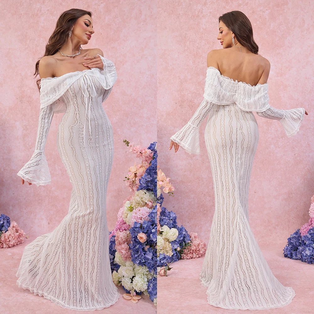 Weißes Abendkleid für formelle Anlässe – Elegantes Spitzen-Partykleid mit langen Ärmeln