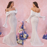 Weißes Abendkleid für formelle Anlässe – Elegantes Spitzen-Partykleid mit langen Ärmeln