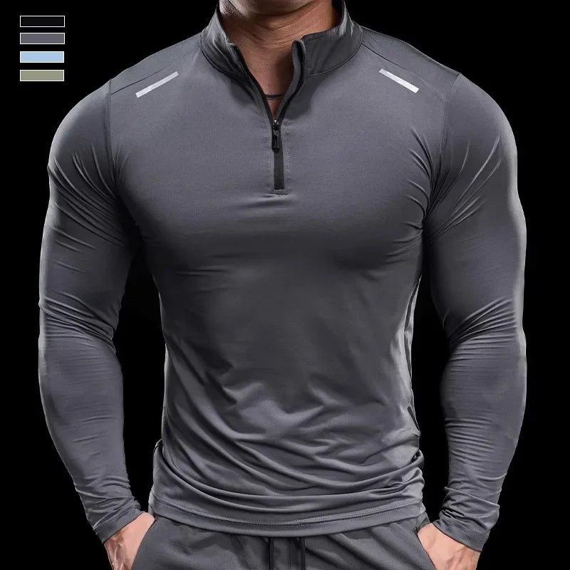 Herren Langarm-Stehkragen-Trainingsshirt mit halbem Reißverschluss