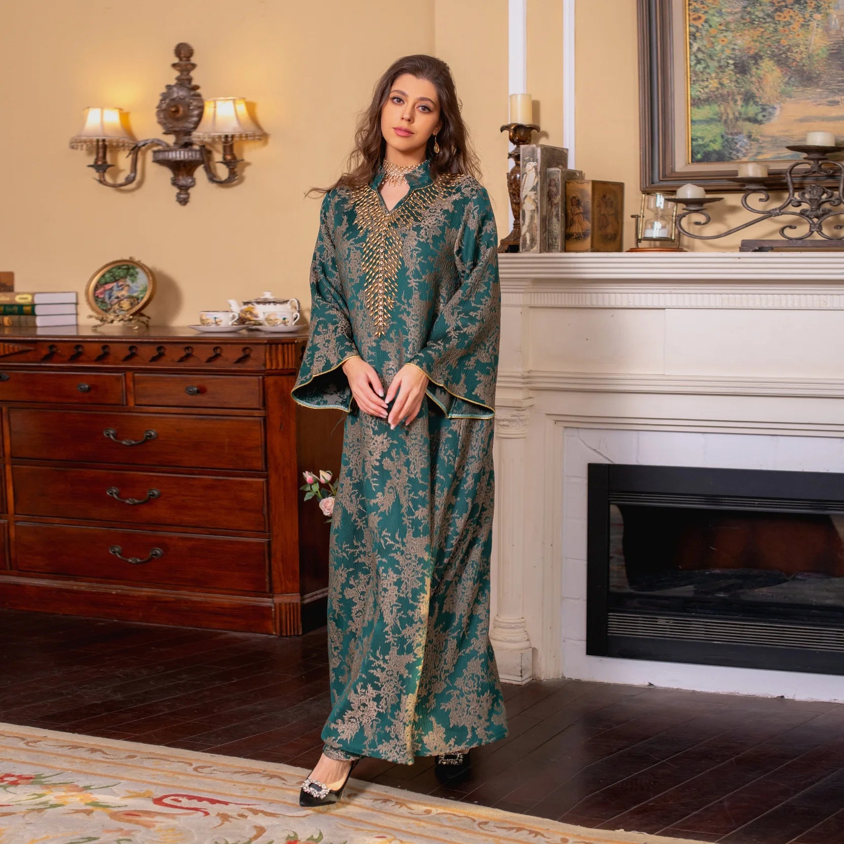 Perlenbesetzter muslimischer Abaya für Damen | Elegante Jalabiya mit Stehkragen und marokkanisches Partykleid