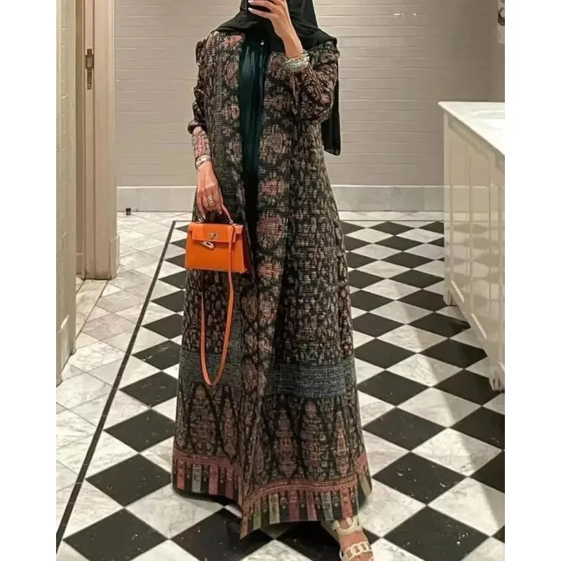Die „Royal Archive“ Vintage Print Abaya | Offener Cardigan & Dubai Luxus Robe