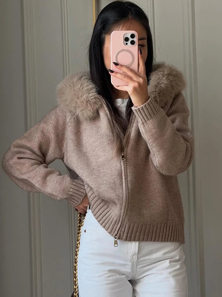 Women’s Winter Fluffy Hoodie Cardigan – Zipper Patchwork Knit Jacket