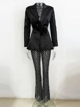 Damen-Blazer mit Cut-Out-Blumenapplikationen und Perlenbesatz – Elegantes Set mit weiter Hose aus Gaze