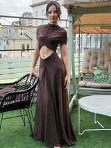 Women’s Sexy Hollow-Out Turtleneck Maxi Dress Short Sleeve Elegant Party & Evening Gown