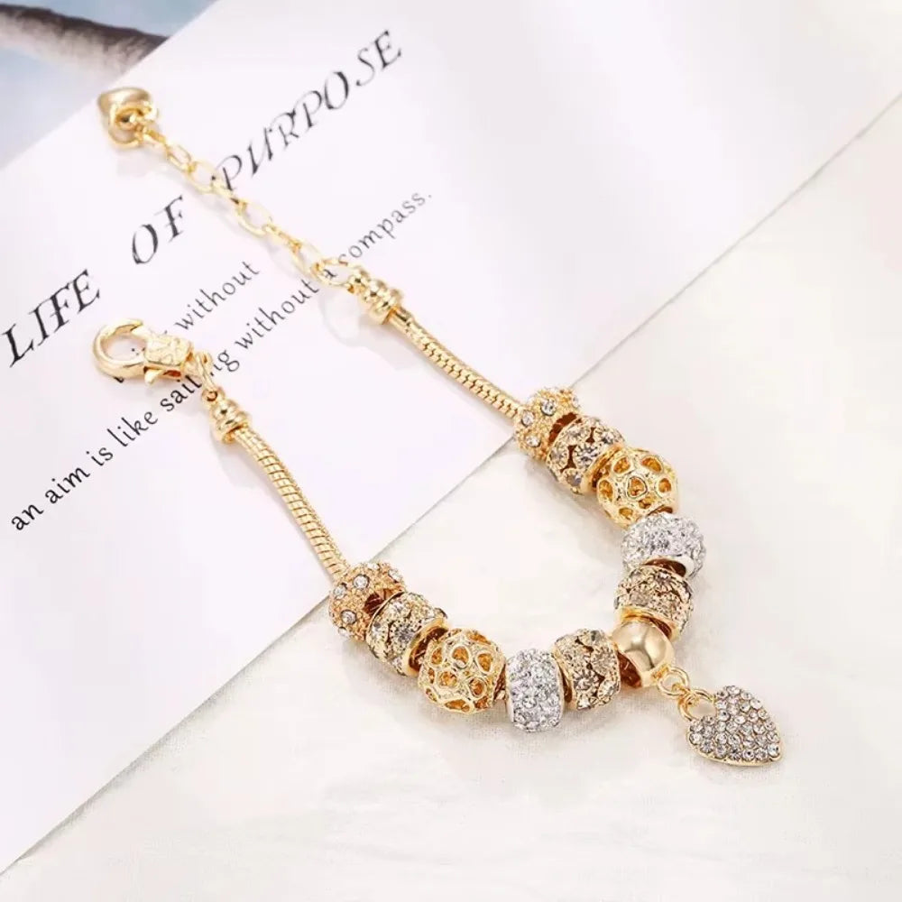 Kristallherz-Charm-Armband für Damen – goldfarbenes Schlangenkettenarmband