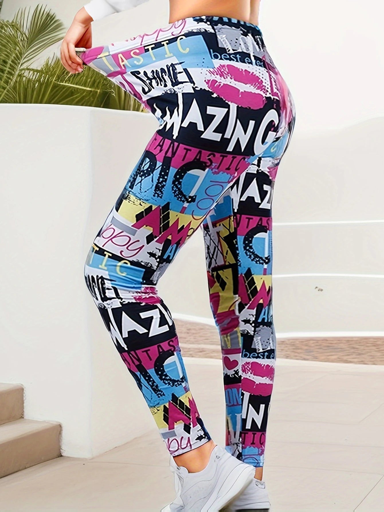 Women’s Graffiti Print High-Stretch Leggings Brushed Soft High-Waist Sexy Nine-Point