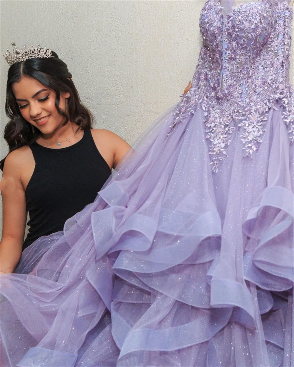 Purple Lace Embroidery Fairy Prom Dress | Glitter Fluffy Ruffle Gown