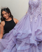 Purple Lace Embroidery Fairy Prom Dress | Glitter Fluffy Ruffle Gown