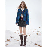 Navy Checked Short Jacket for Women: Vintage Y2K Style - New Winter Arrival
