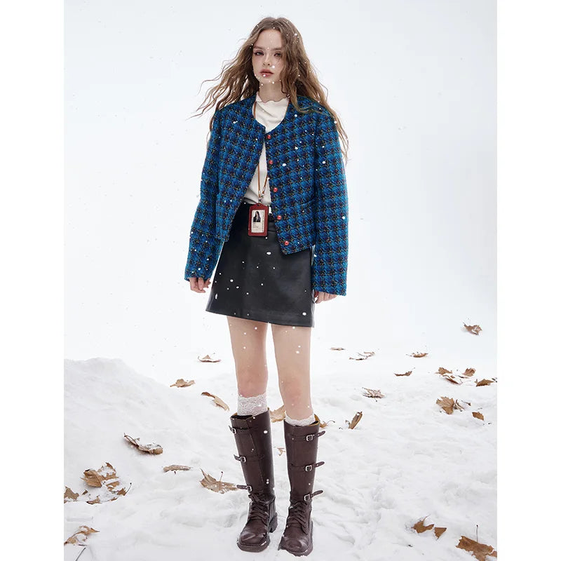 Navy Checked Short Jacket for Women: Vintage Y2K Style - New Winter Arrival