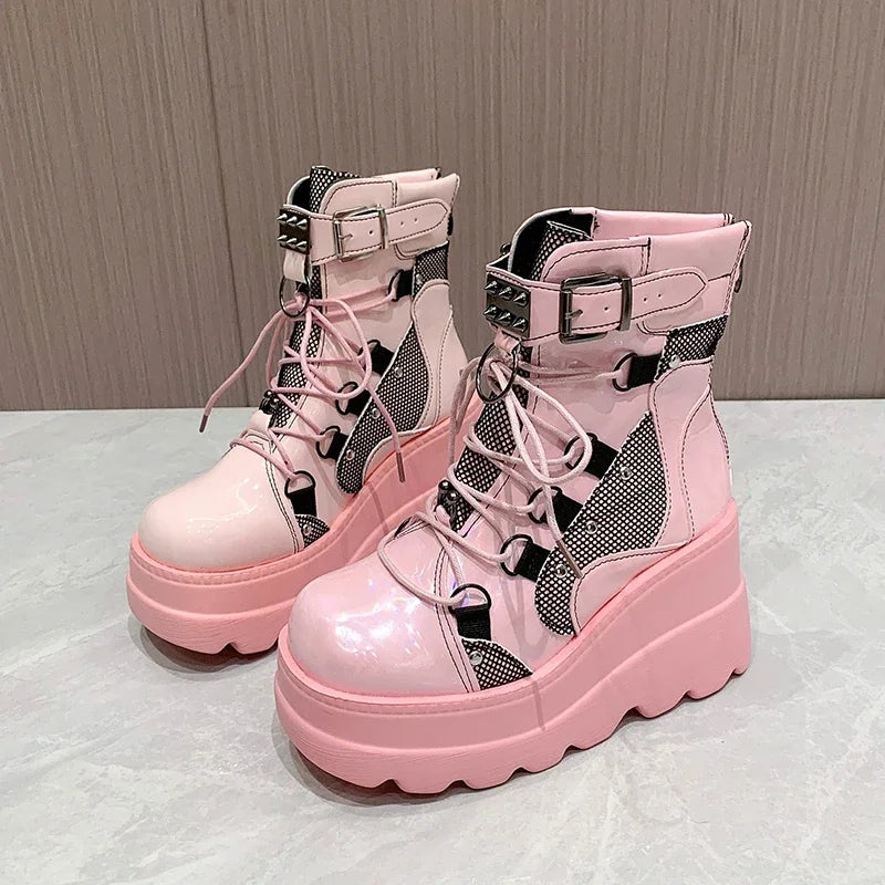 Women’s Gothic Belt Buckle Platform High Wedge Zip Punk Cosplay Ankle Boots