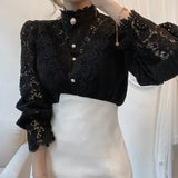 Women’s High Neck Long Sleeve Lace Blouse | Elegant Hollow Paneled Sleeve Top