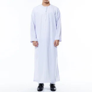 Herren Weiß Muslimischer Jubba Thobe | Langarm Rundhals Islamischer Kaftan