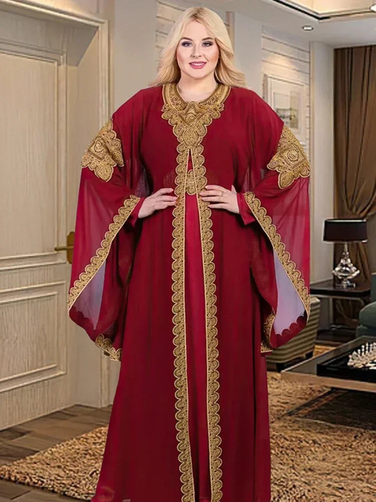 Luxury 2-Piece Gold Lace Embroidered Party Dress and Flare-Sleeve Robe