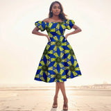 Afrikanisches Ankara-Print Midikleid für Damen | Kurzärmliges Kleid mit hoher Taille