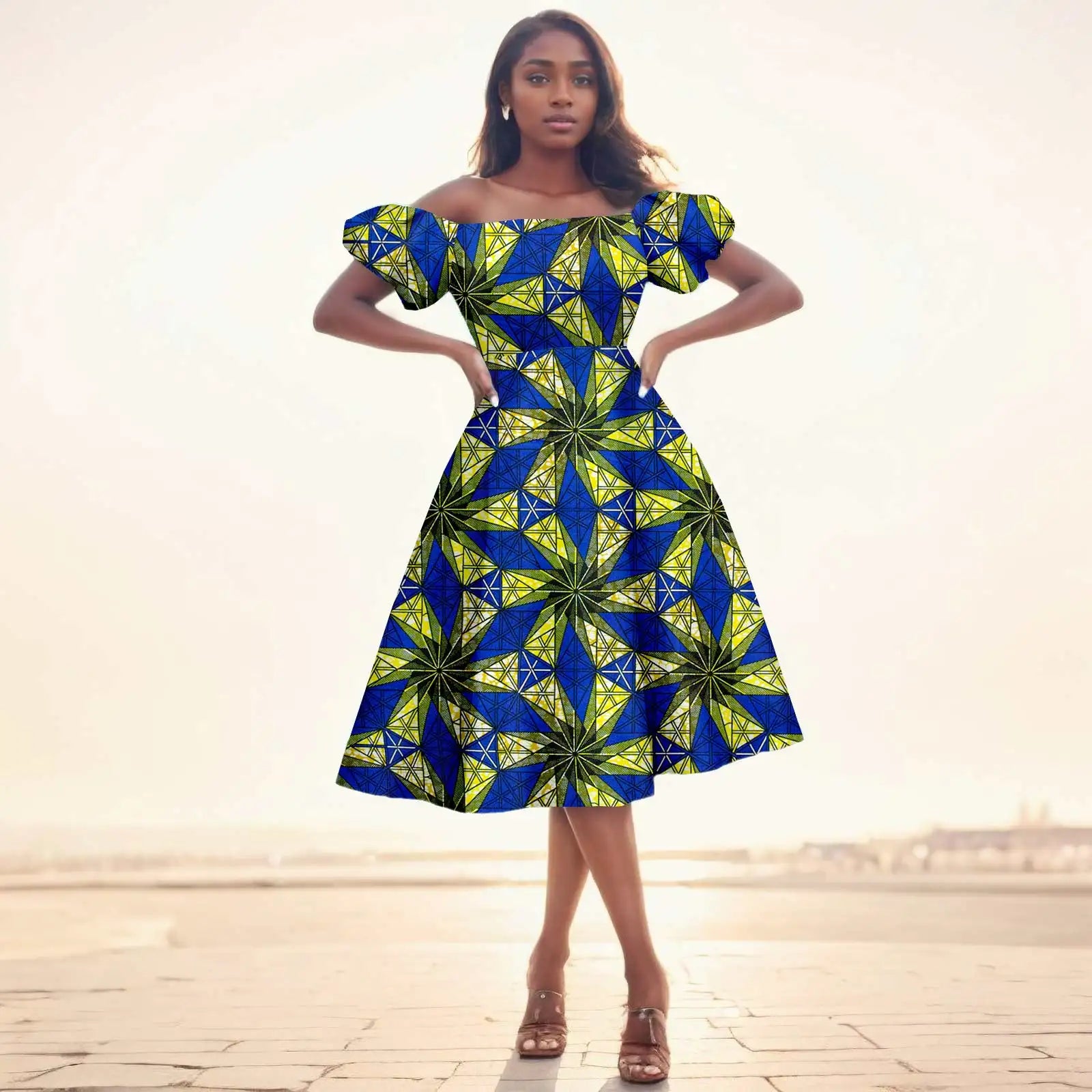 Afrikanisches Ankara-Print Midikleid für Damen | Kurzärmliges Kleid mit hoher Taille