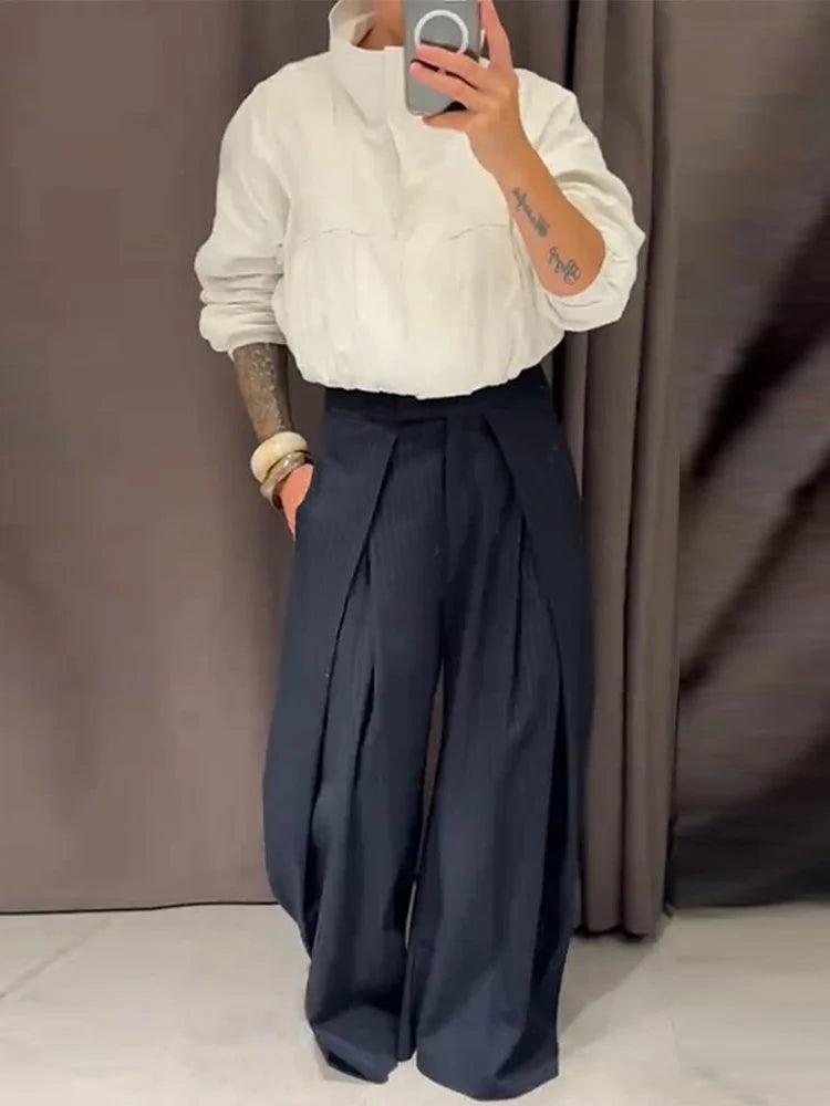 Damen lässige gestreifte weite Hose – High Waist plissierte gerade Hose