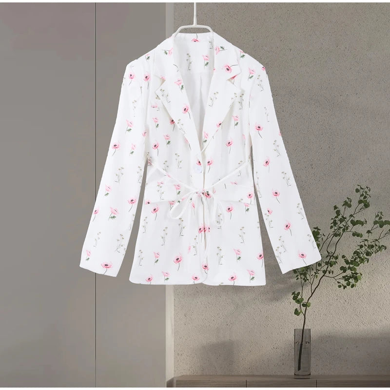 Elegant Flower Printed Coat Women's Lapel Single Button Long Sleeve Lace Up Blazer