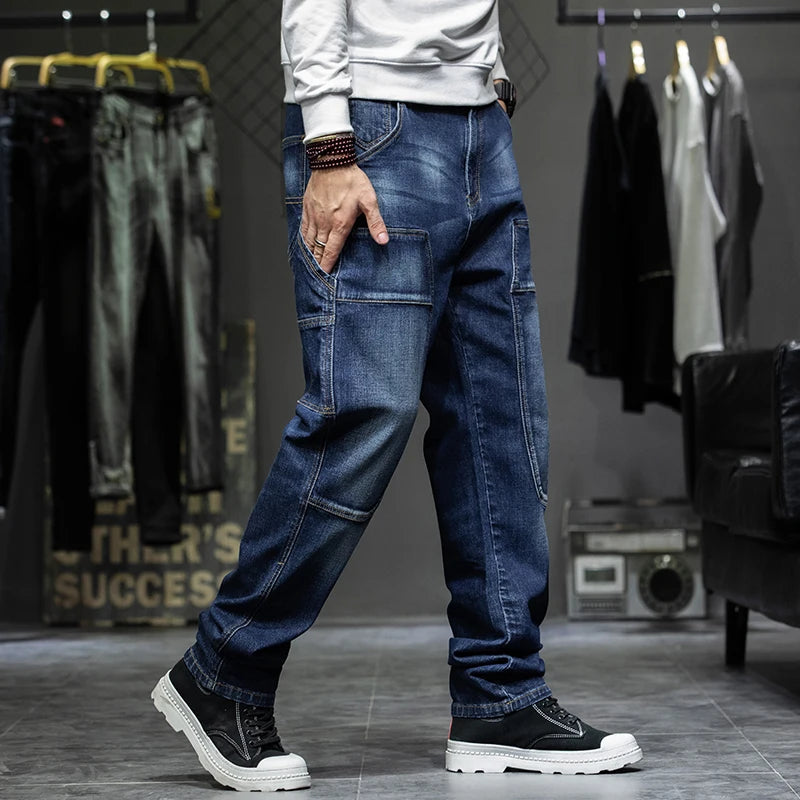 Herren Streetwear Baggy Cargo Jeans | Gerade Denimhose mit mehreren Taschen