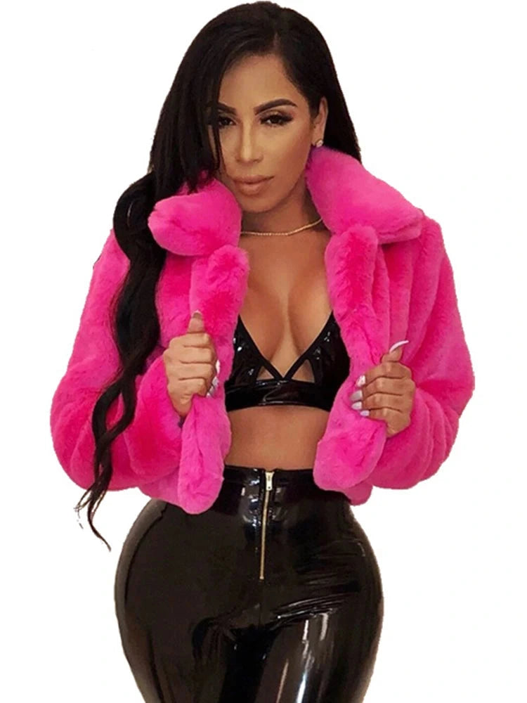 Women's Faux Fur Crop Jacket – Elegant Open Front Lapel Shaggy Fluffy Short Jacket