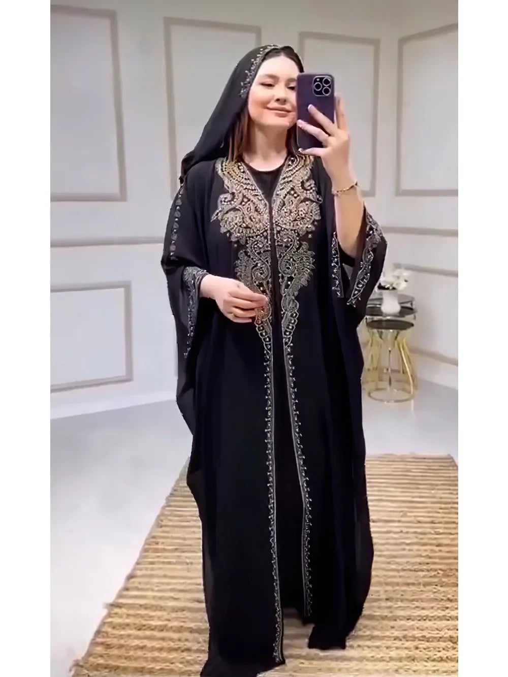 Muslimische Kleider für Frauen – Kapuzenabaya 2-teiliges Set – Diamant-Jalabija-Partykleid