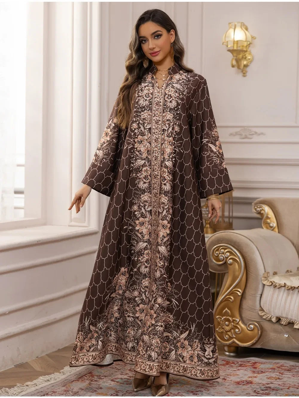 The "Mosaic Diamond" Gown – Signature Printed Dubai Abaya – Boutique Morocco Style Kaftan