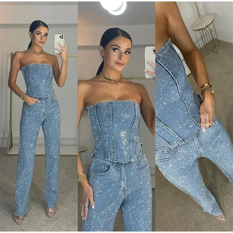 Damen sexy glänzendes Pailletten-Zweiteiler-Set – trägerloses Bandeau-Crop-Top & hochtaillierte Skinny-Hose