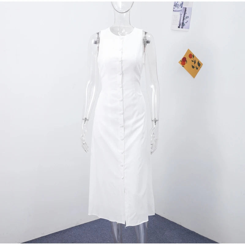 Women’s Elegant Sleeveless Long Dress – Slim Fit Solid O-Neck Maxi