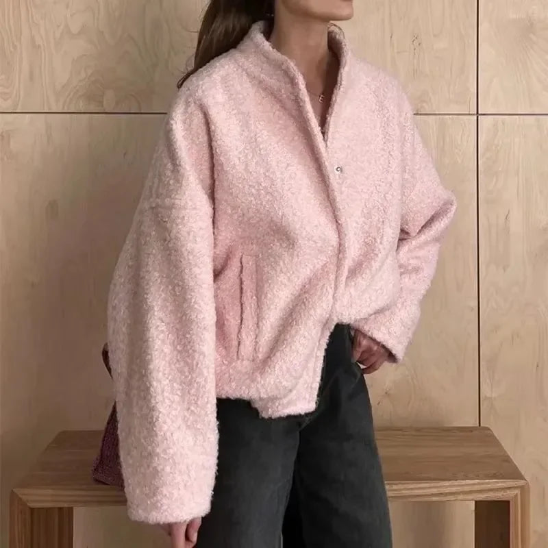 Damen Rosa Kunstpelzjacke – Verdickter Warmer Wintermantel, Lockerer Modischer Langarm-Mantel