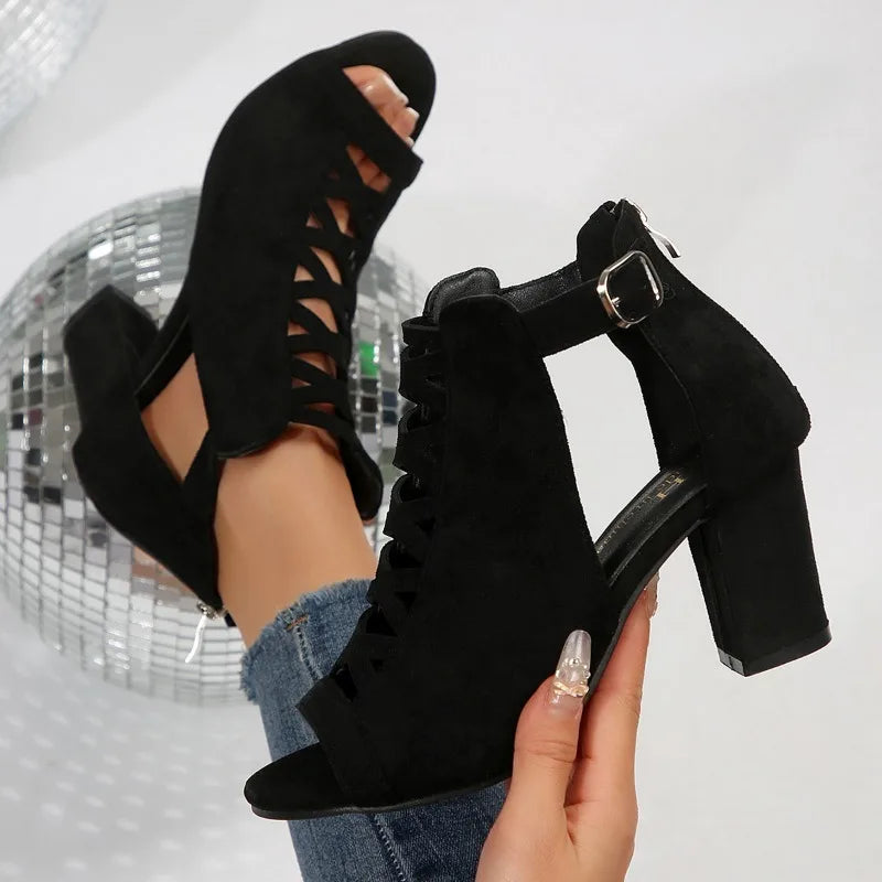Women's Black Elegant Heel Wrap Sandals with Rear Zipper– Comfortable Thick Heel Fishmouth Peep Toe Shoes