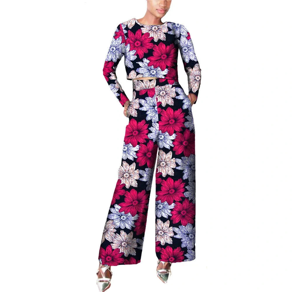 Damen Set aus gewachstem Baumwoll-Crop-Top mit langen Ärmeln und Hose mit weitem Bein
