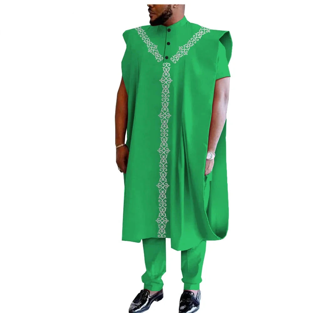 Afrikanisches 3-teiliges Set für Herren: Dashiki-Mantel, Kurzarmhemd und Ankara-Hose