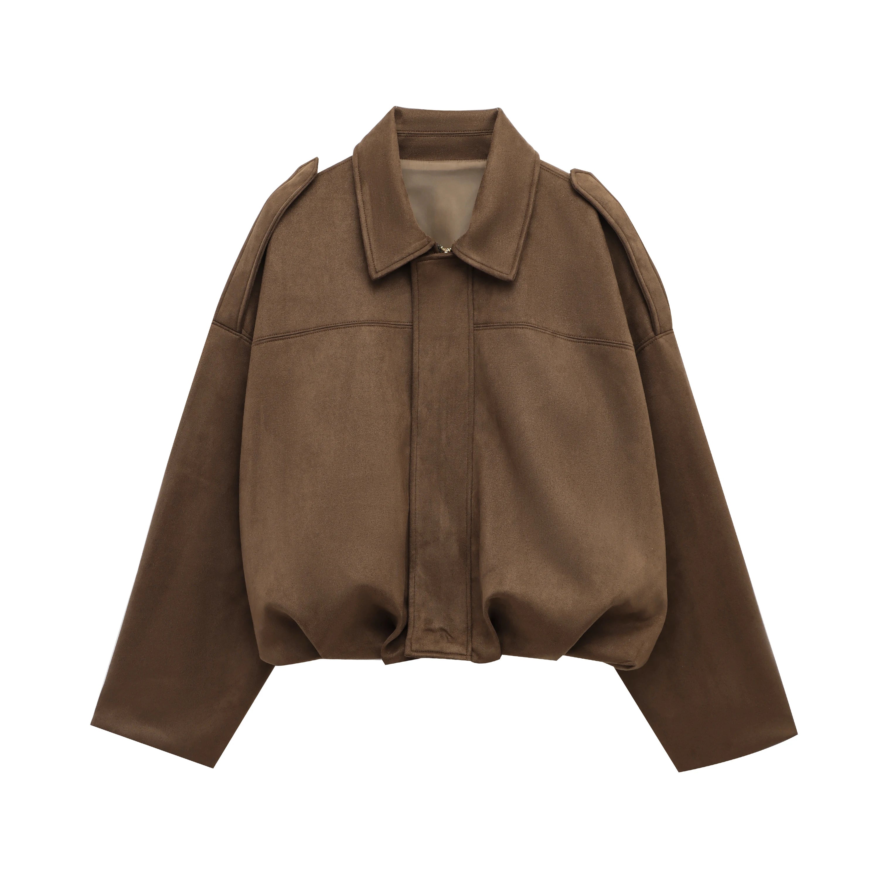 High Street Fashion Suede Bomber Coat - Lapel Long Sleeve Winter Jacket