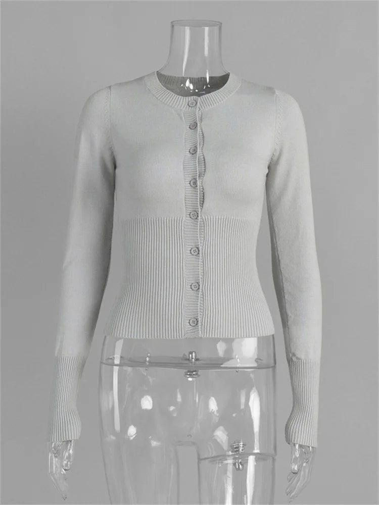 Lässige Strickjacke für Damen – Langärmeliges Rippstrick-Patchwork-Slim-Top
