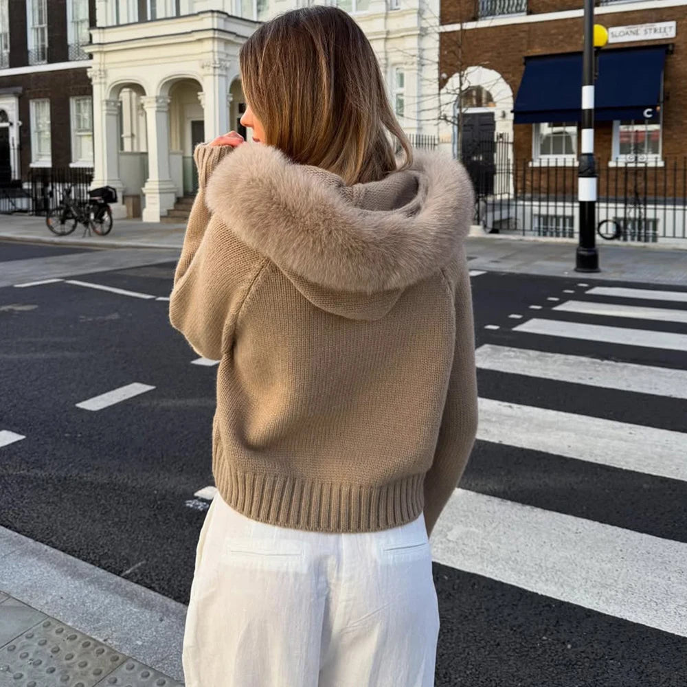 Women’s Winter Fluffy Hoodie Cardigan – Zipper Patchwork Knit Jacket