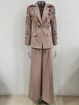 Pink Designer Runway Suit Set - Women's 3D Floral Beaded Blazer & Wide Leg Pants