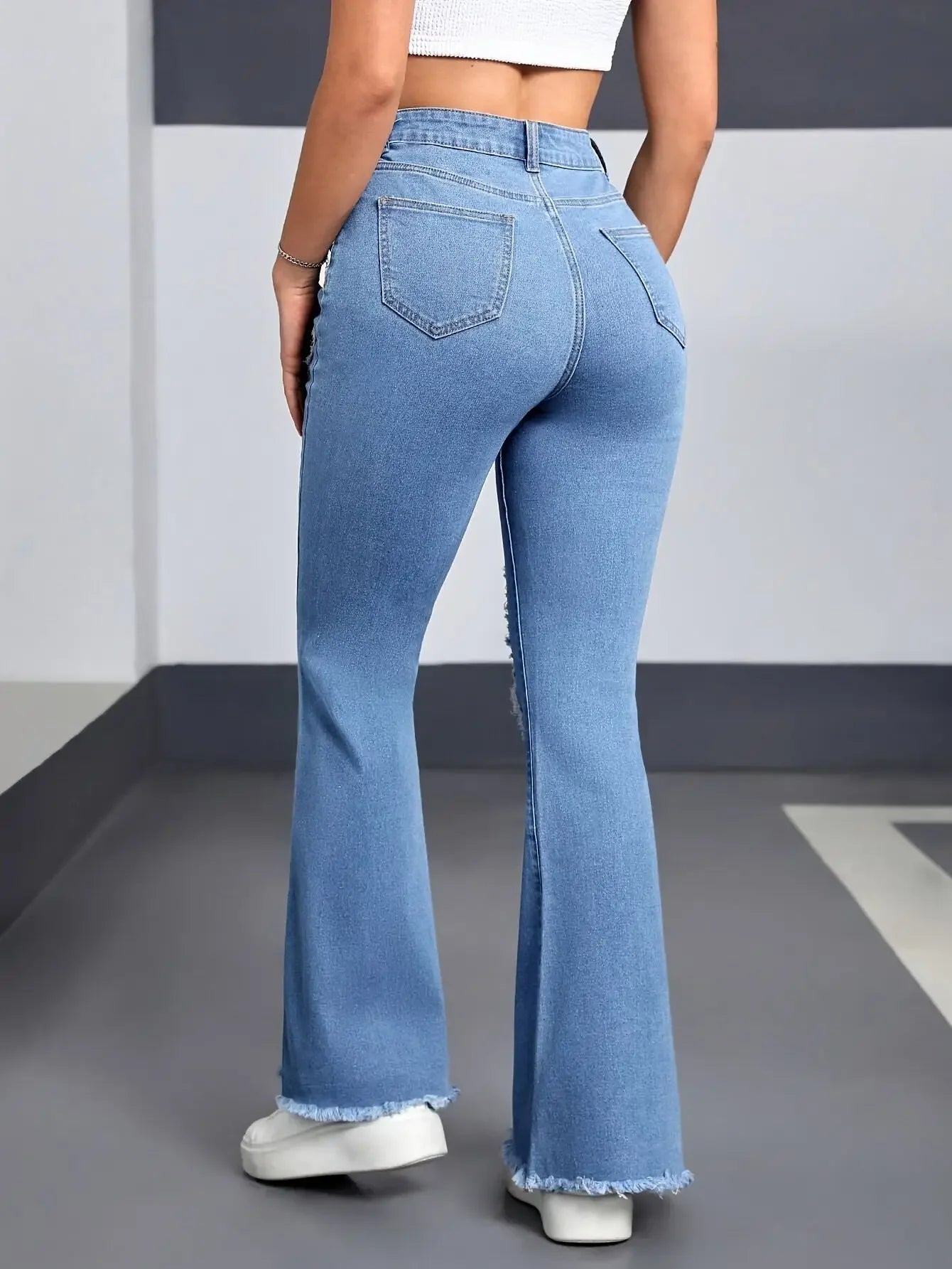 Women Y2K Blue Stretchy Heart Shaped Flared Jeans High Waist Retro Fashion