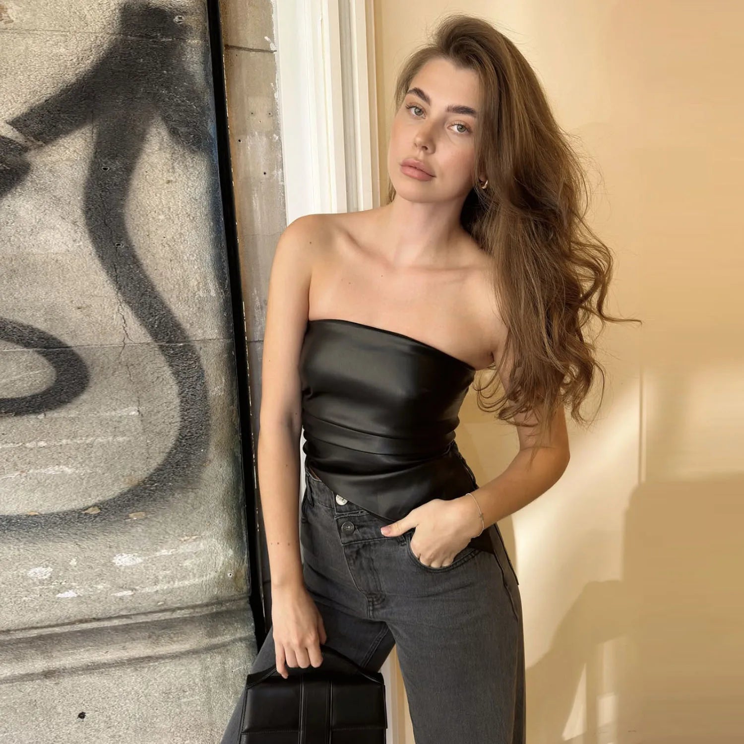 Damen PU-Leder Tube Top rückenfrei schmal geschnittenes Cropped Top