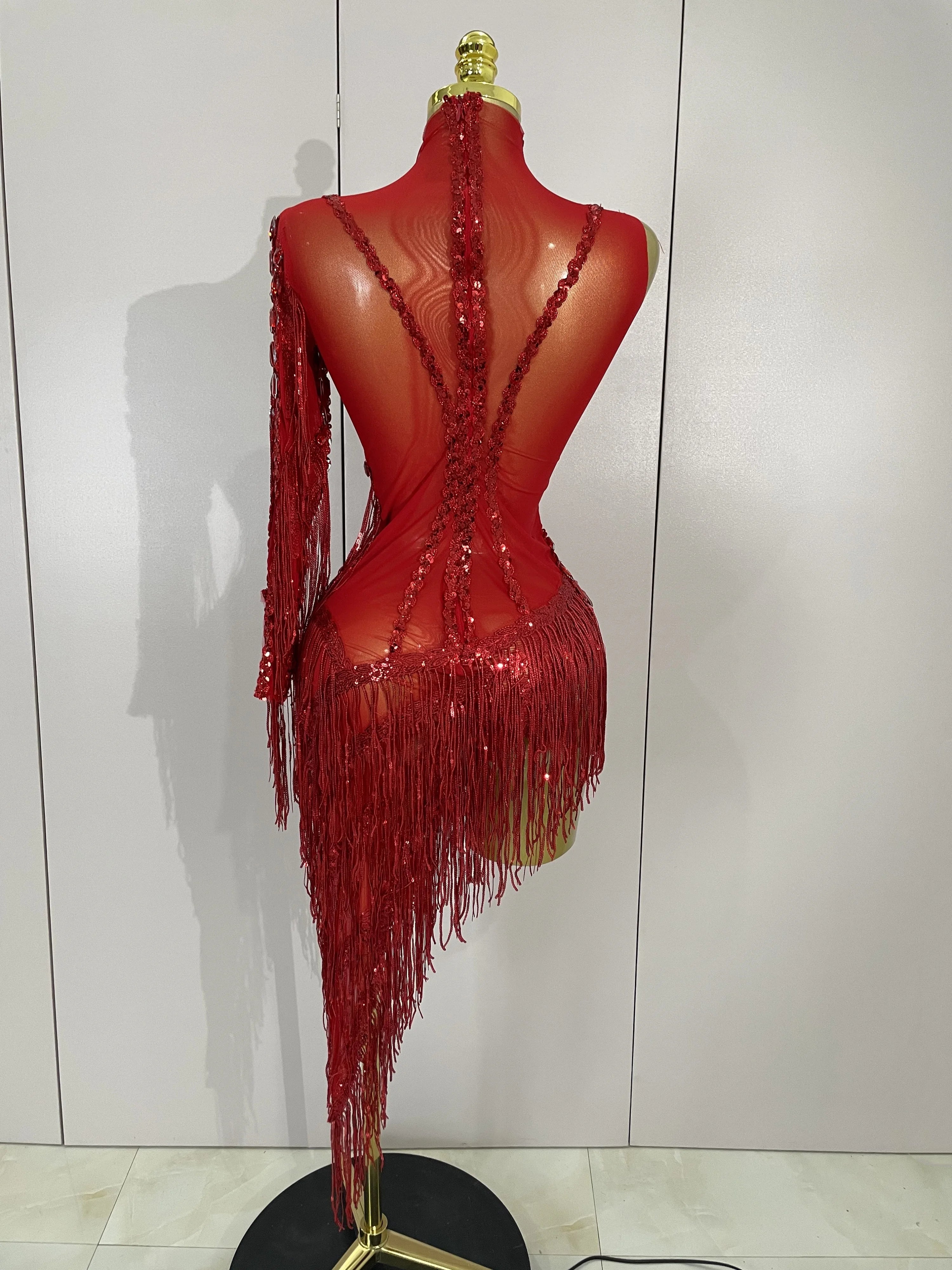 Glitzerndes Strass-Fransen-Minikleid – Sexy One-Shoulder-Durchsichtige Robe – Lateinamerikanischer Tanz-Performance-Outfit